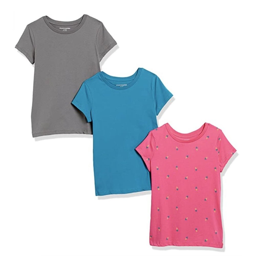 Essentials Girls' 3-Pack Short Sleeve T-Shirt, Pink Pineapple/Teal/Grey M (8)